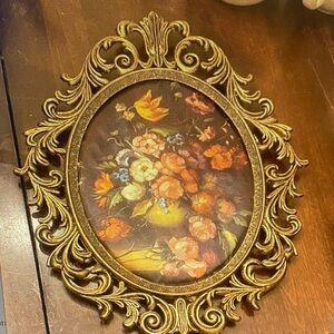 Ornate Gold Framed Floral Art on silk
